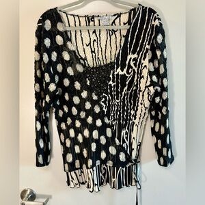 Alberto Makali Crinkle Mixed Print Blouse XL Black White Polka Dot Top